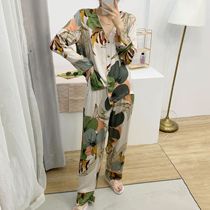 Spring and autumn new ice wire pajamas V pure wind long sleeve trousers two pieces of outer printed home clothes