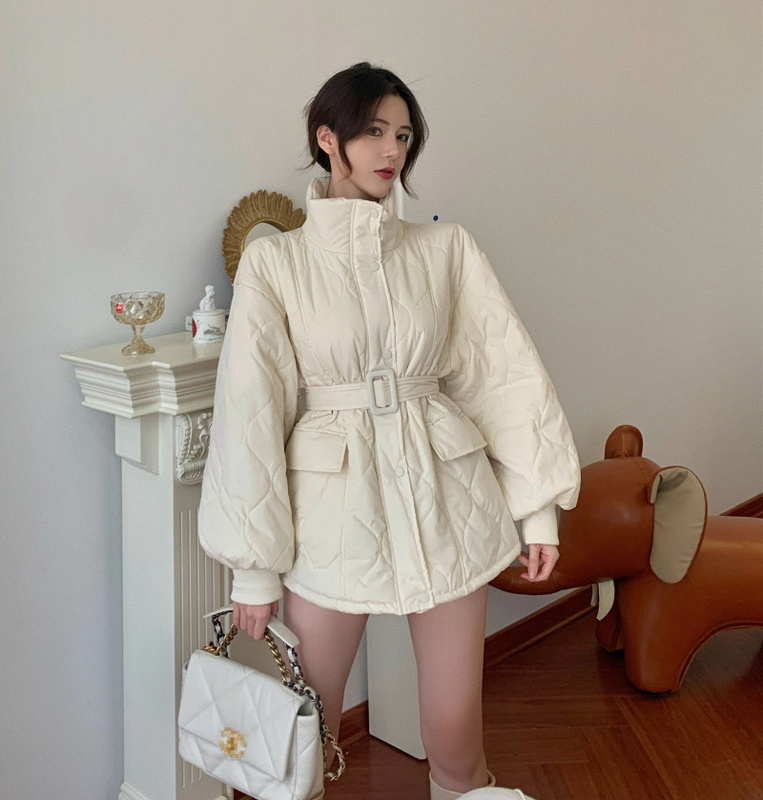 Solid Color Diamond-Patterned Stand-Up Collar down Cotton Jacket for Women, Mid-Length, Winter, Waist-Cinching, Belted, Puffer Coat, Trendy