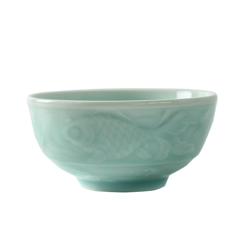 Longquan celadon fish grain ceramic bowl bowl home 4.5 inch dormitory rice bowls tableware 10 sets