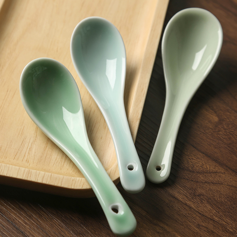 Longquan celadon Japanese small spoon, contracted creative spoon, ceramic tableware household rice porridge spoon, pure color small spoon