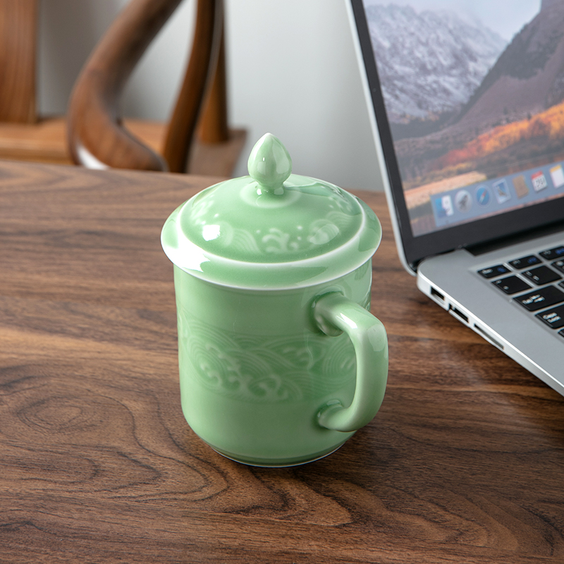 Longquan celadon household glass tea cup creative wave grain ceramic office large single cup and cup cup
