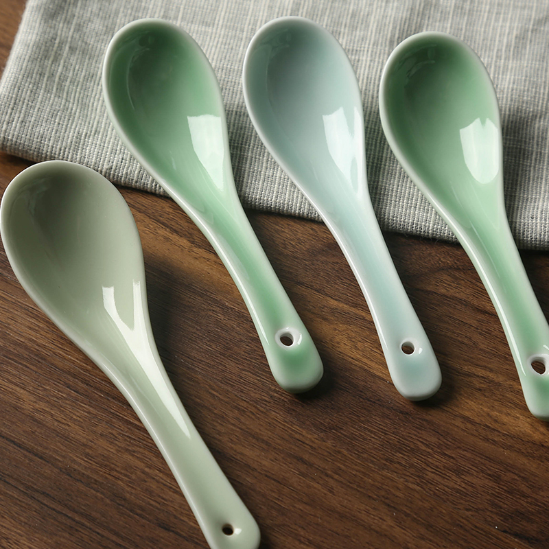 Longquan celadon Japanese small spoon, contracted creative spoon, ceramic tableware household rice porridge spoon, pure color small spoon
