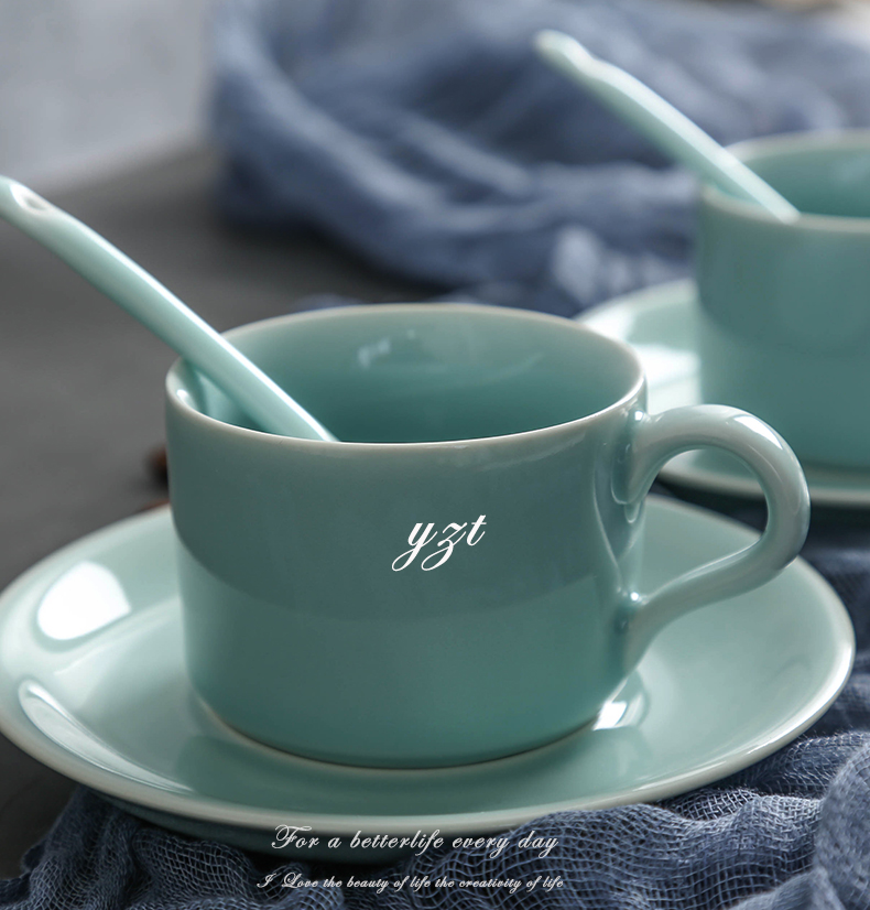 Longquan celadon cup pure color contracted household keller with spoon, coffee cup saucer of milk cup creative ceramic tea cup