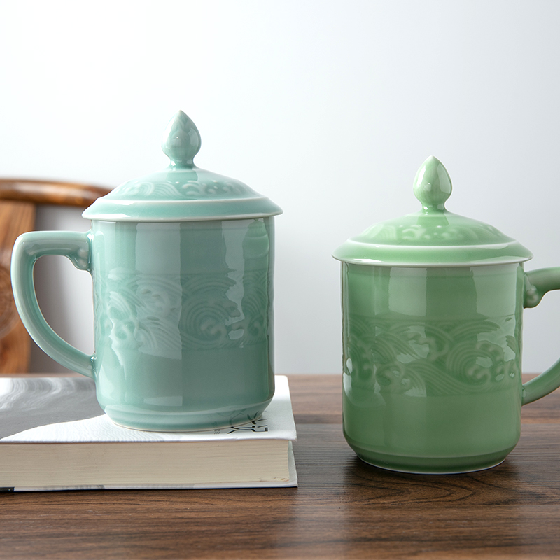 Longquan celadon household glass tea cup creative wave grain ceramic office large single cup and cup cup