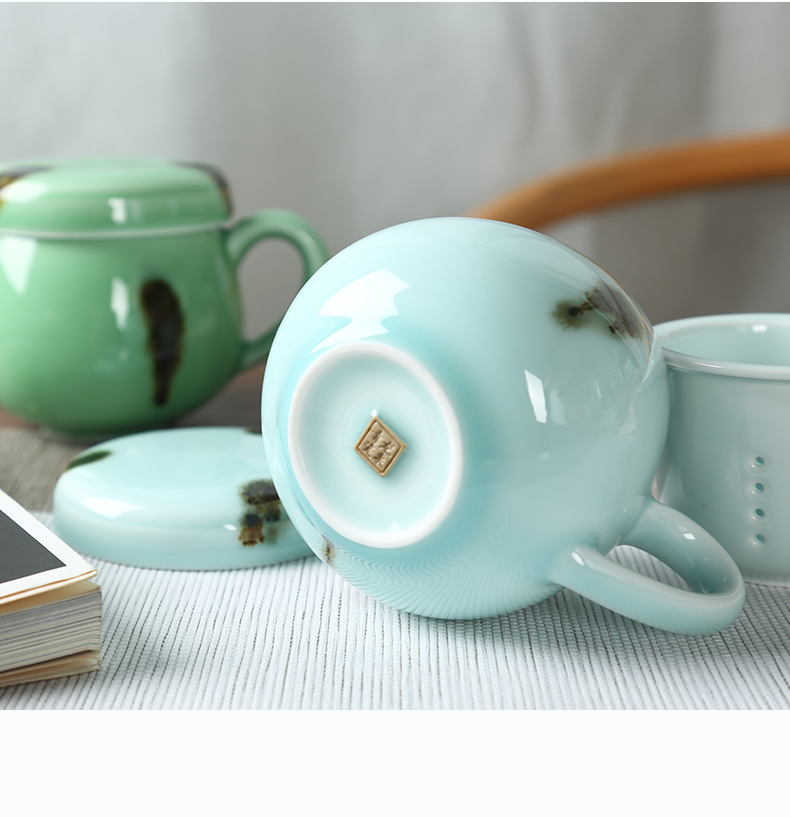 Longquan celadon teacup household of Chinese style office filter glass ceramic tea keller with cover stippling doodle cup