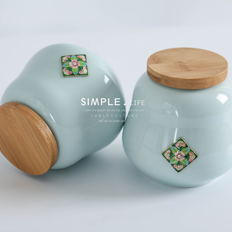 Ceramic household loose tea caddy fixings common seal storage jar jar of Japanese wooden cover applique office receives