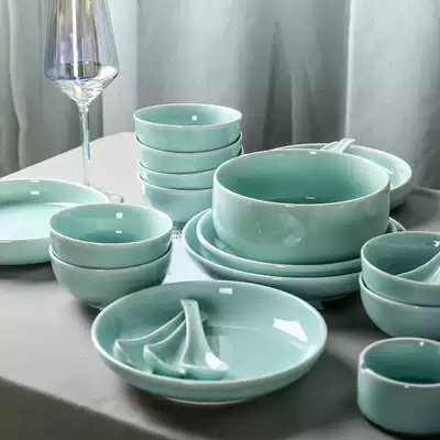 Celadon tableware Chinese combination set dish set Japanese household ceramic rice bowl plate