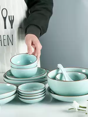 Celadon tableware combination set simple household Chinese ceramic rice bowl plate vinegar dish Nordic dinner plate soup bowl