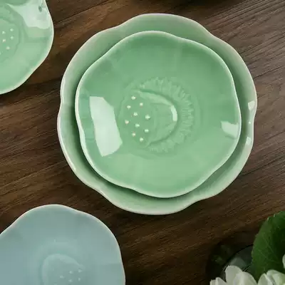 Celadon Chinese tableware Lotus plate Household Chinese plate large, medium and small plate solid color ceramic fruit snack plate