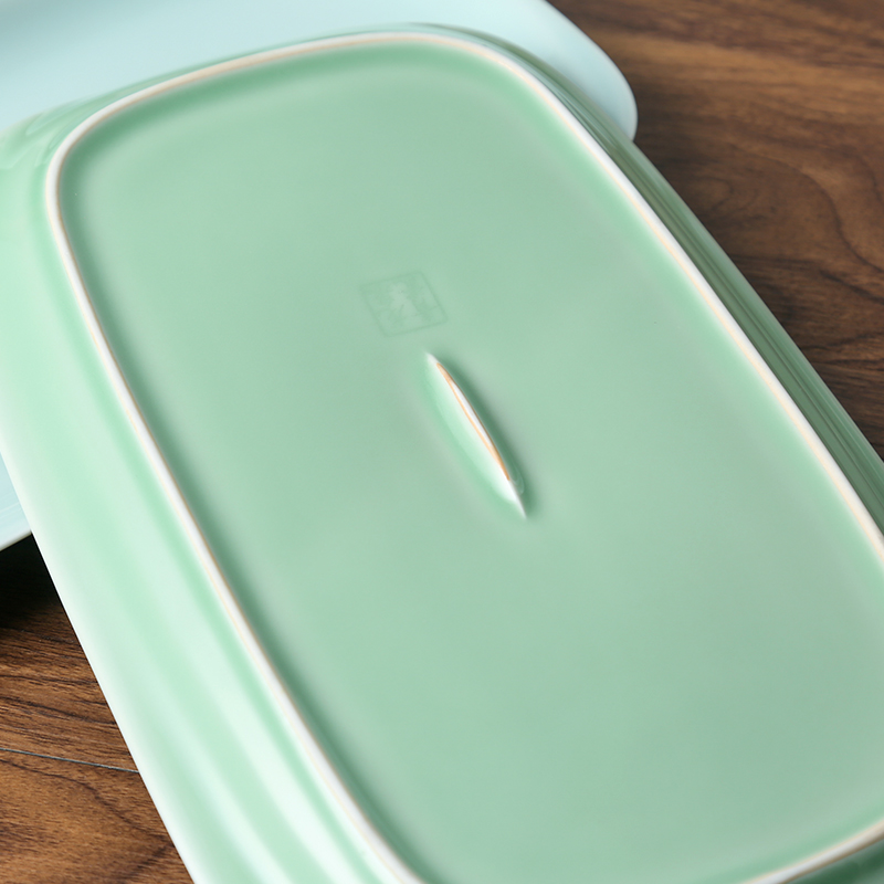 Longquan celadon fish dish creative ceramic home plate number dish of rectangle contracted steamed fish dish of pure color tableware