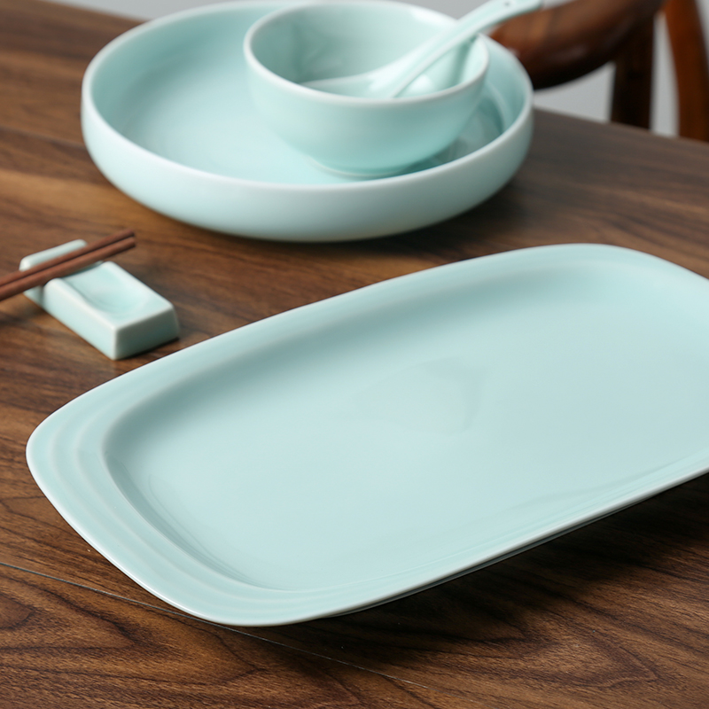 Longquan celadon fish dish creative ceramic home plate number dish of rectangle contracted steamed fish dish of pure color tableware