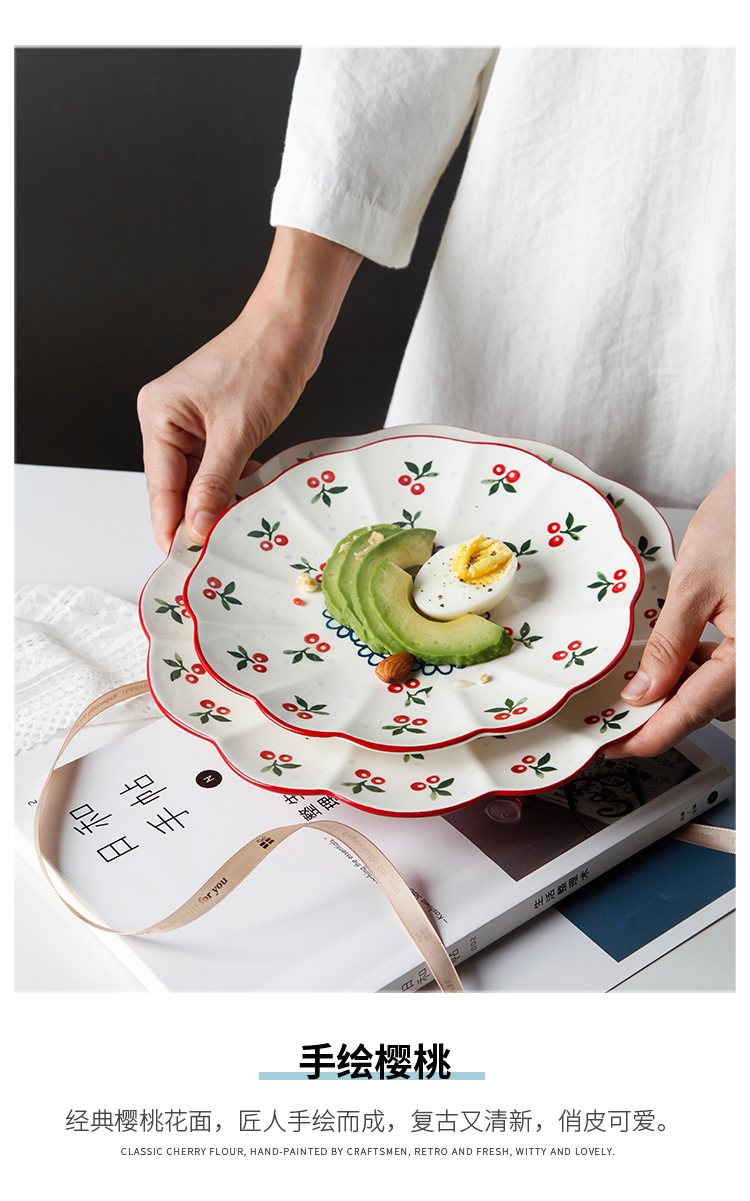 Hand - made cherry 0 creative pastoral wind under the glaze the ceramic plate with lace color round lovely breakfast tray plates