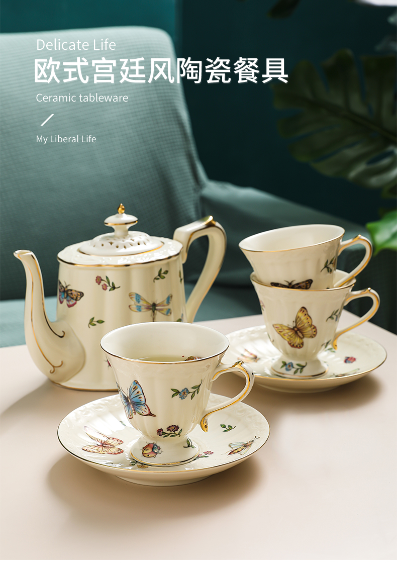 Ins butterfly coffee cups and saucers European household small exquisite key-2 luxury glass ceramic English afternoon tea tea set