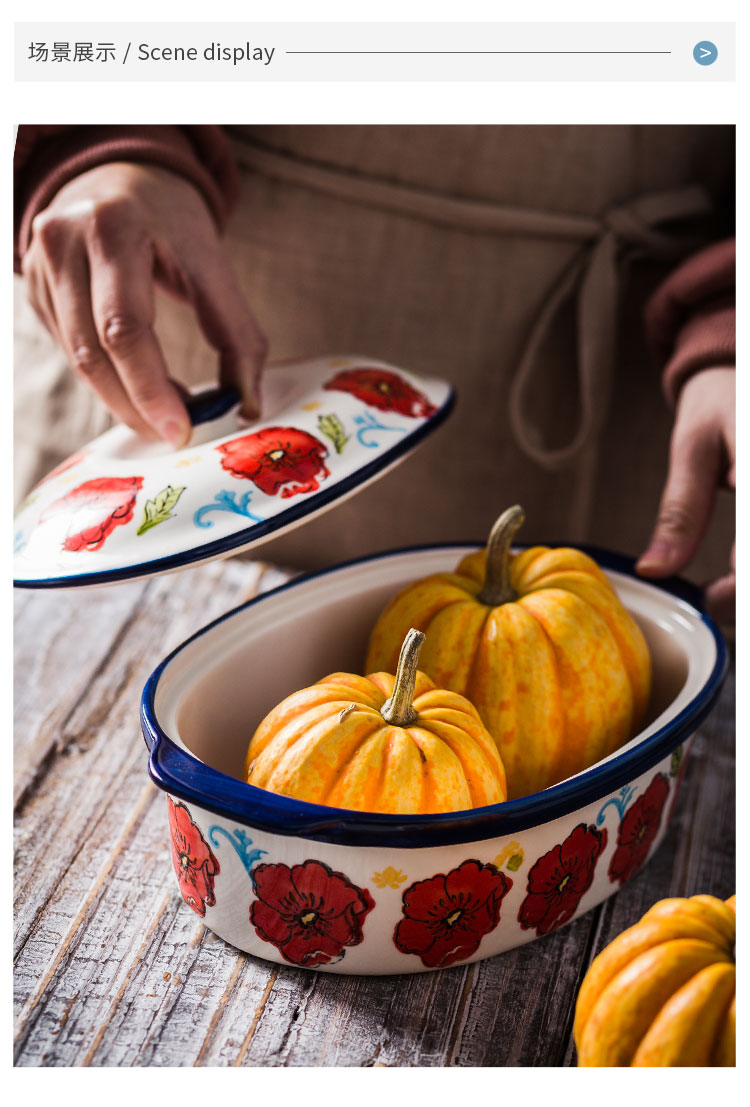 Japanese household with cover oval cheese baked food oven baked FanPan hand - made safflower ceramic pan bowl of my ears