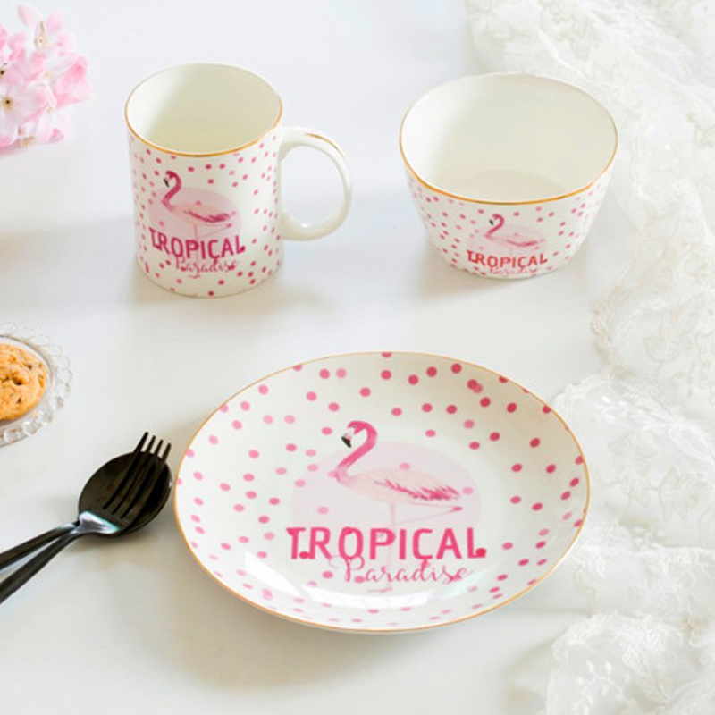 The flamingo pink western - style food plates mugs breakfast cup han edition student jobs household ceramics tableware three - piece suit