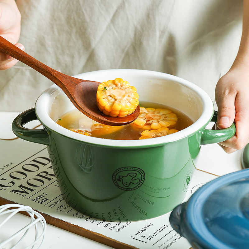 Creative Nordic ins wind household ceramics ears big bowl of soup pot with cover with a cover on mercifully rainbow such use oven tableware