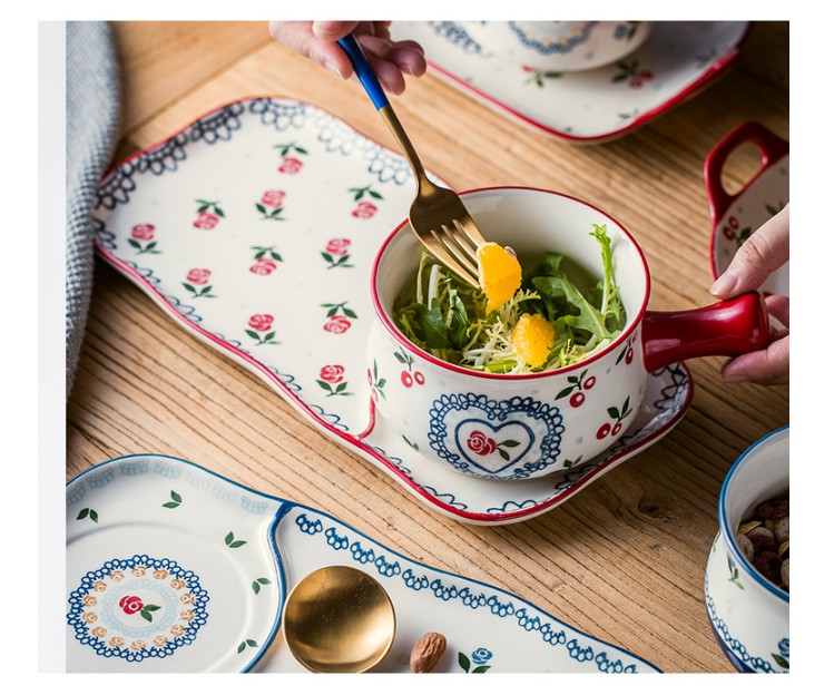 Japanese cherry creative couples the breakfast table household ceramic plate handle oat dessert fruit bowl plates