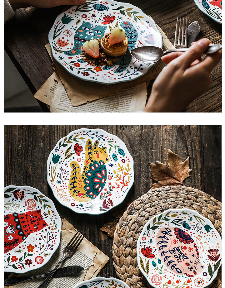 Boreal Europe style originality hand - drawn cartoon cat 0 8 inches snack plate flat the household ceramic plate