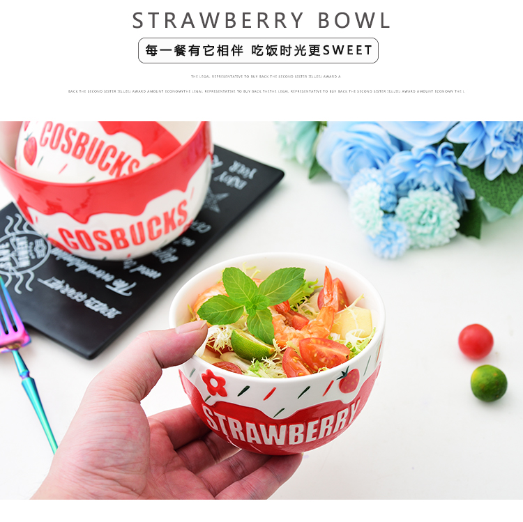 Lovely strawberry ceramic bowl of fruit salad bowl household oatmeal for breakfast bowl of fruit salad bowl side dish bowl of steamed dense eggs