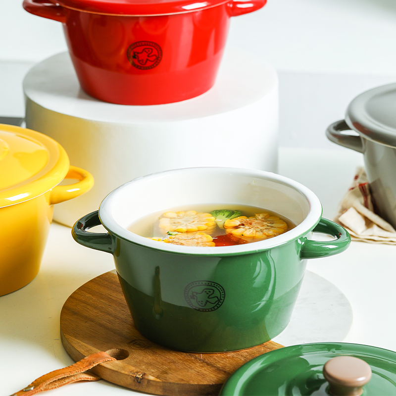 Creative Nordic ins wind household ceramics ears big bowl of soup pot with cover with a cover on mercifully rainbow such use oven tableware