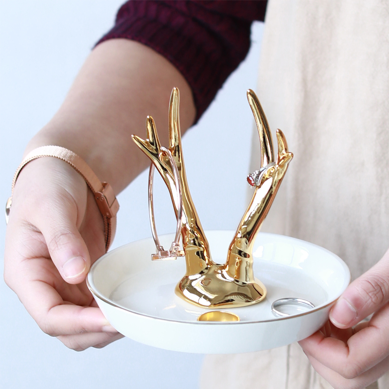 The Jingdezhen ceramic golden fawn/foreign trade tail single unicorn jewellery set/ring of snack tray