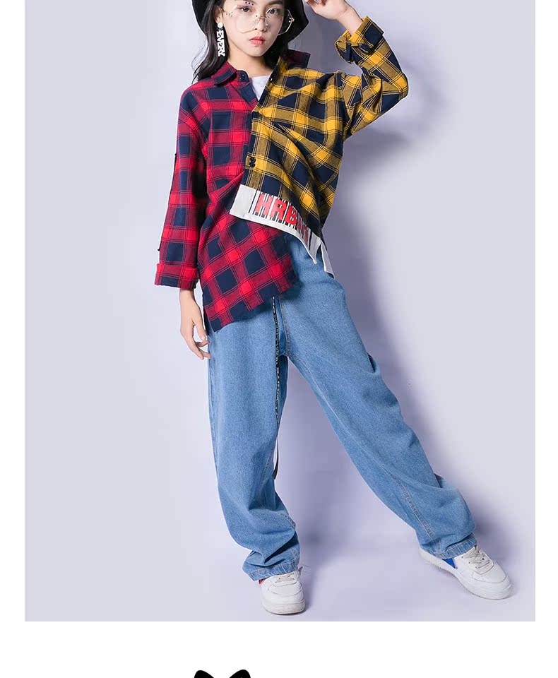 Cô gái hip hop xu hướng đường phố trang phục khiêu vũ phù hợp với cậu bé lớn nhảy jazz biểu diễn quần áo kẻ sọc quần jeans - Trang phục bộ đồ khiêu vũ cho bé trai