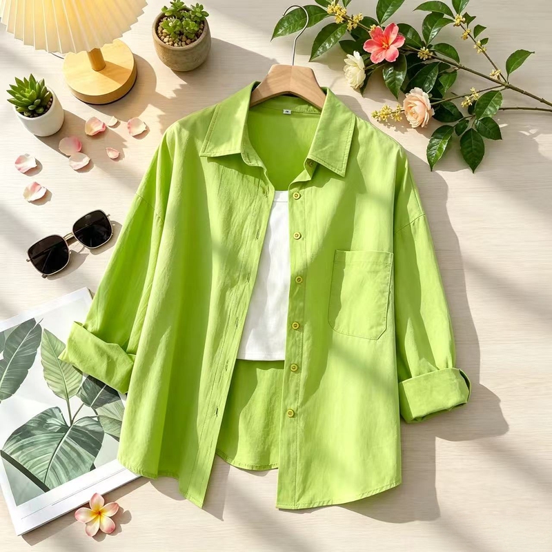 Pure Cotton Shirt for Women, Elegant Ladies' Blouse, Fruit Green High-End Outerwear, Breathable Top, Long-Sleeved Loose Shirt
