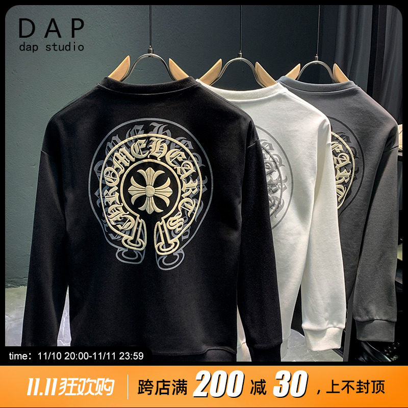 Sweater men's autumn and winter 2022 new trendy brand round neck pullover print long-sleeved loose plus velvet thick men's tops