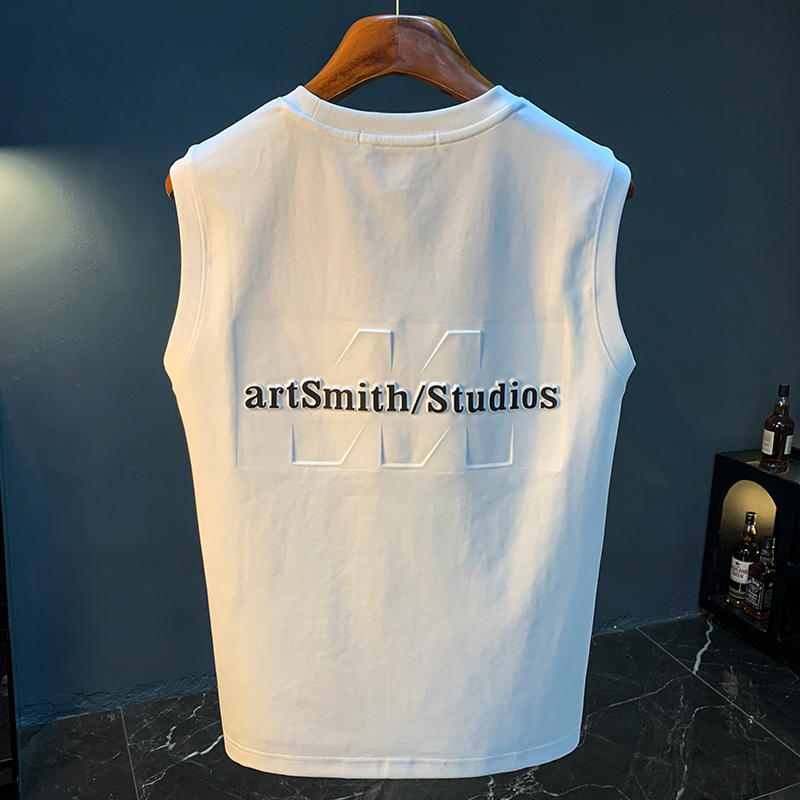 White Summer Vest for Men with 3D Letter Print, Loose Sleeveless Top, Thin Large Size Trendy Tank Top Undershirt