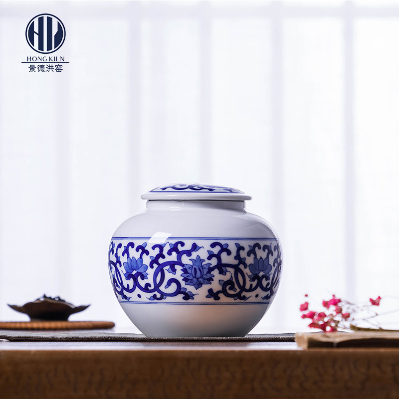 Hong Kili Tangle Branches Lotus Leaf Tea Leaf Pot Jingdezhen Hand Painted Green Flower Storage Tank Boutique Small Sealed Tank Damp tank-Taobao