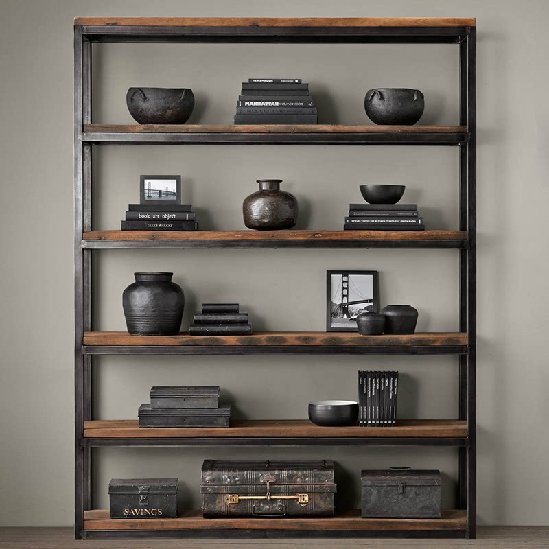 Nordic solid wood wrought iron shelf simple retro Duobaogebo ancient floor display rack multi-layer kitchen dining cabinet