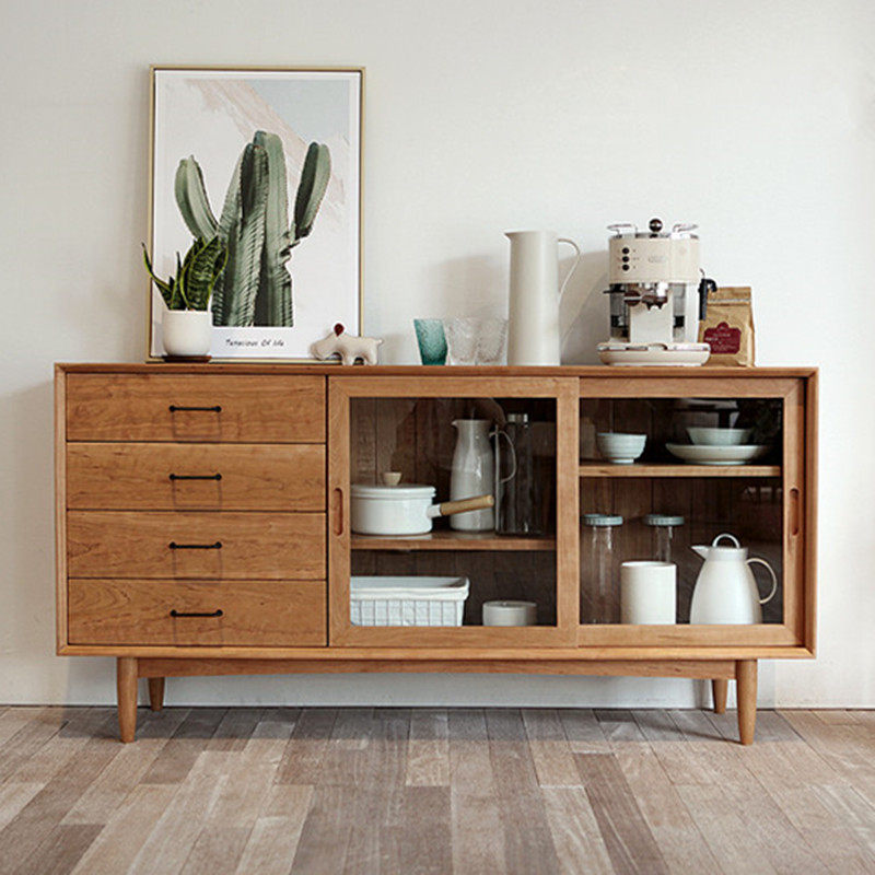 Nordic solid wood sideboard cupboard cabinet with drawers kitchen cabinet glass tea cabinet living room hotel storage storage cabinet - Taobao