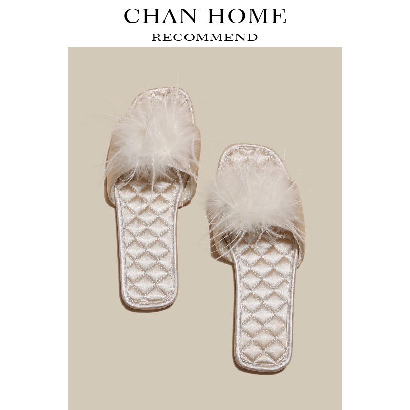 Summer French-Style Feather Satin Wedding Dressing Gown Slippers for Women, Indoor Home High-End Silk Satin Soft-Soled Non-Slip Outdoor Wear
