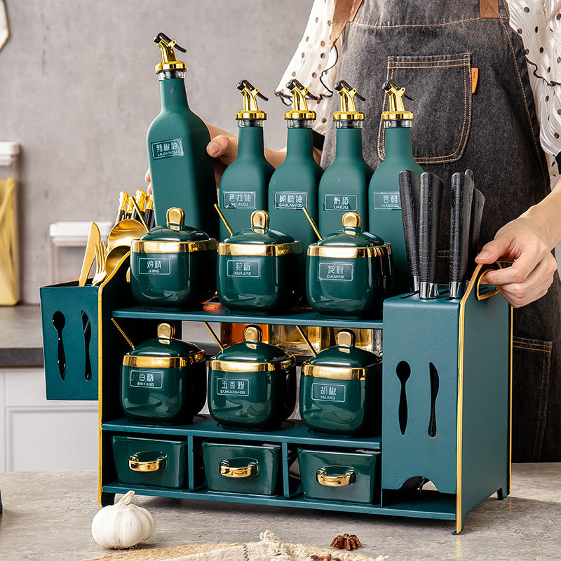 Kitchen home wrought iron chopping board rack glass oil pot chopsticks barrel placed knife holder storage seasoning vinegar pot jar