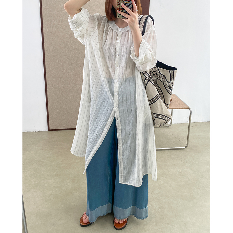 Feldan Fabric Is Great, Breathable Cotton and Linen Vertical Stripes, Loose Long-Sleeved Shirt Dress, Sun Protection Long Shirt 901