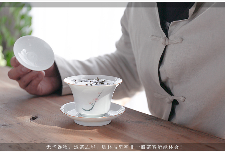 By mud hand - made tureen jingdezhen only thin foetus kung fu tea bowl white porcelain three bowl of checking ceramic bowl