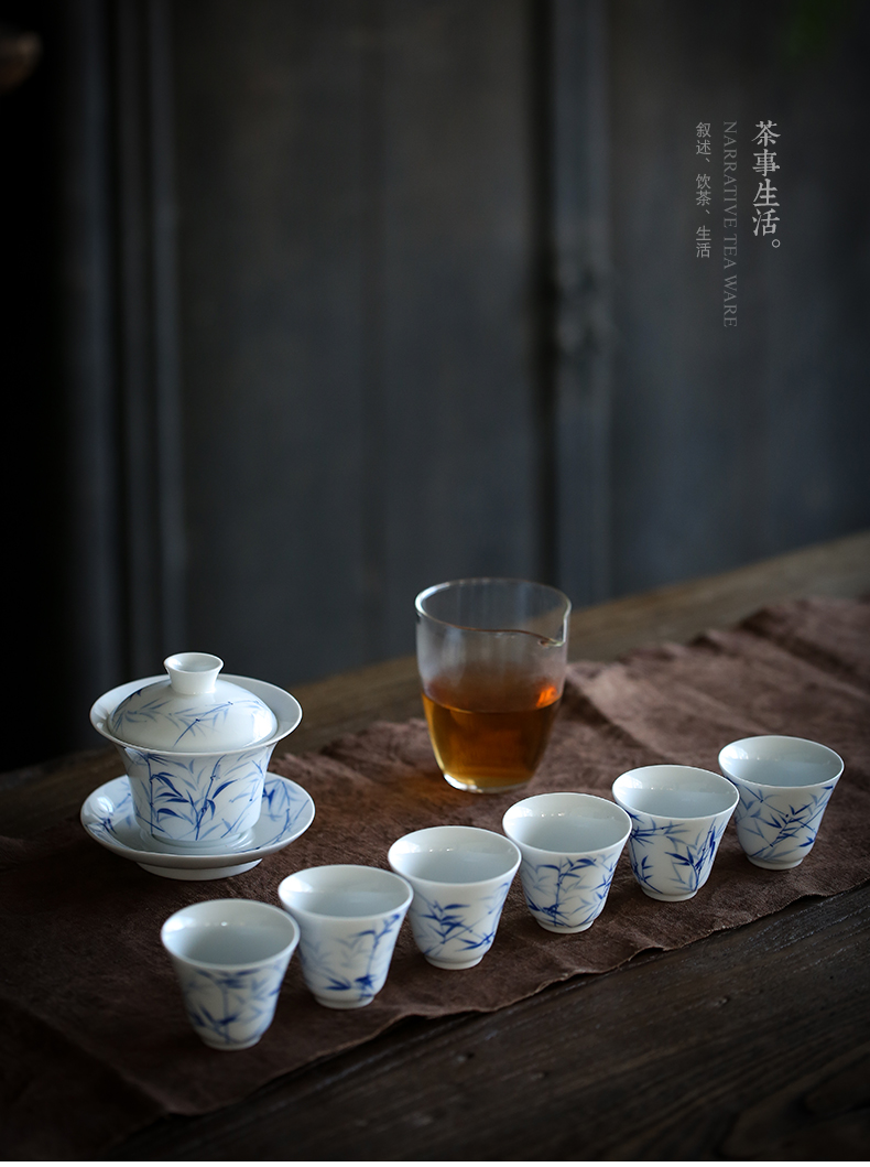 By mud jingdezhen hand - made kung fu tea set manually famille rose porcelain tureen home three bowls set of tea cups