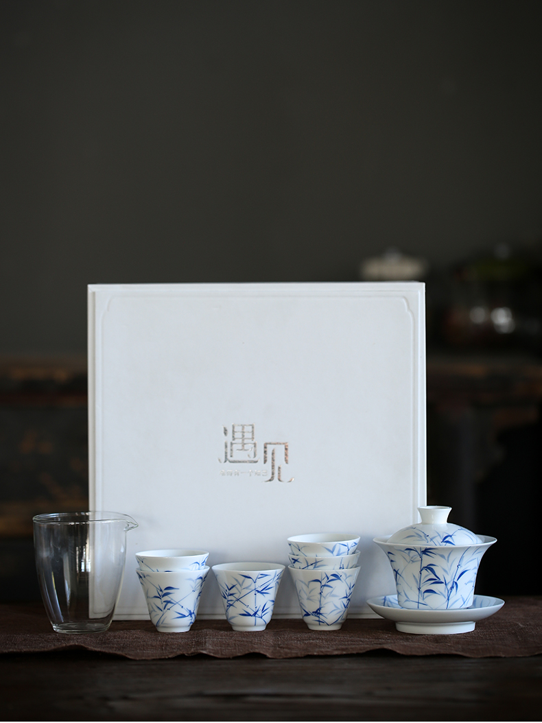 By mud jingdezhen hand - made kung fu tea set manually famille rose porcelain tureen home three bowls set of tea cups