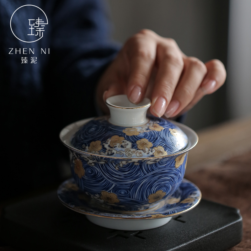 By mud jingdezhen three to bowl of blue and white porcelain enamel tureen checking enamel household kung fu tea set to use