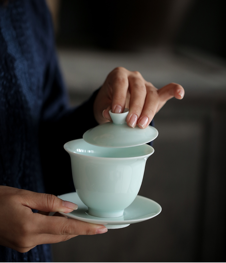 "Green tureen jingdezhen manual shadow only three bowl of thin foetus celadon kung fu tea set to use white porcelain making tea