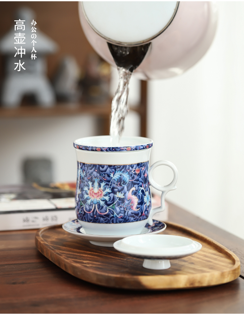 By clay ceramic household make tea cup with lid cup tea filtration separation of blue and white colored enamel mugs office cup