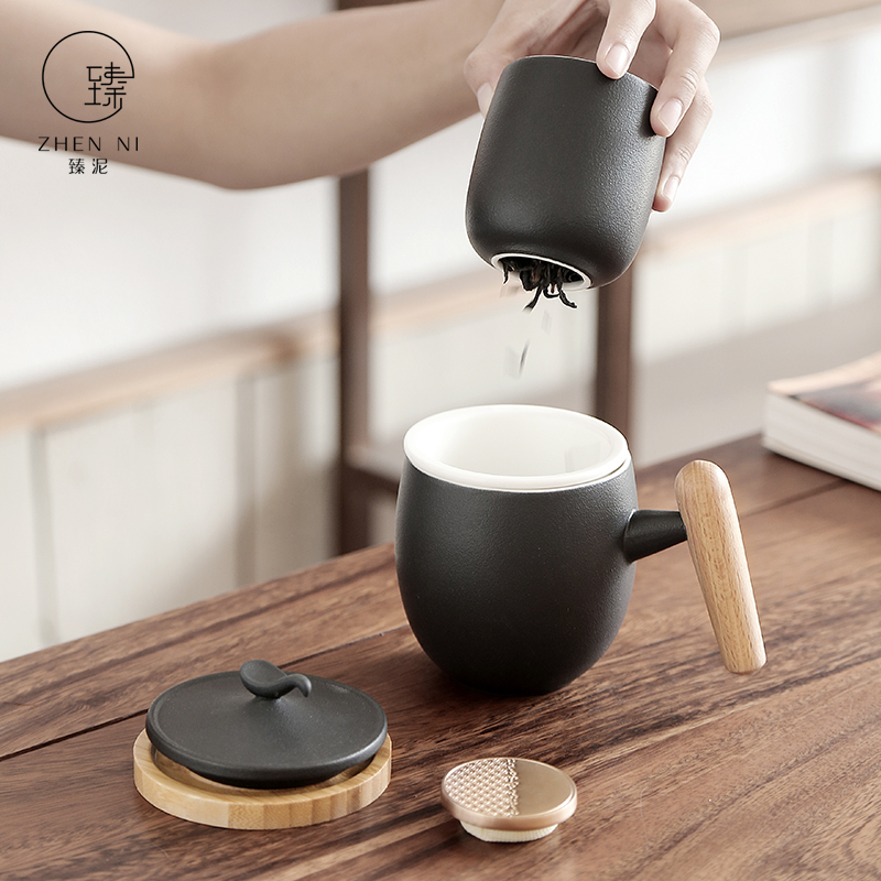 "Black pottery mud home with cover filter glass mugs office portable travel set of tea caddy fixings