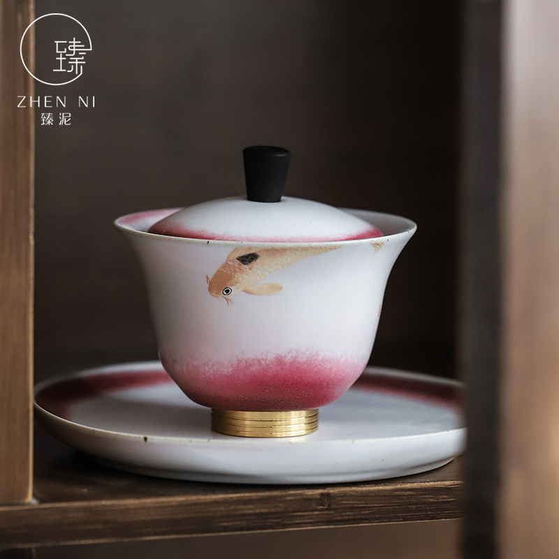 By mud tureen household ceramic bowl tea machine manual variable only three bowl of creative copper bottom insulation kung fu tea cups