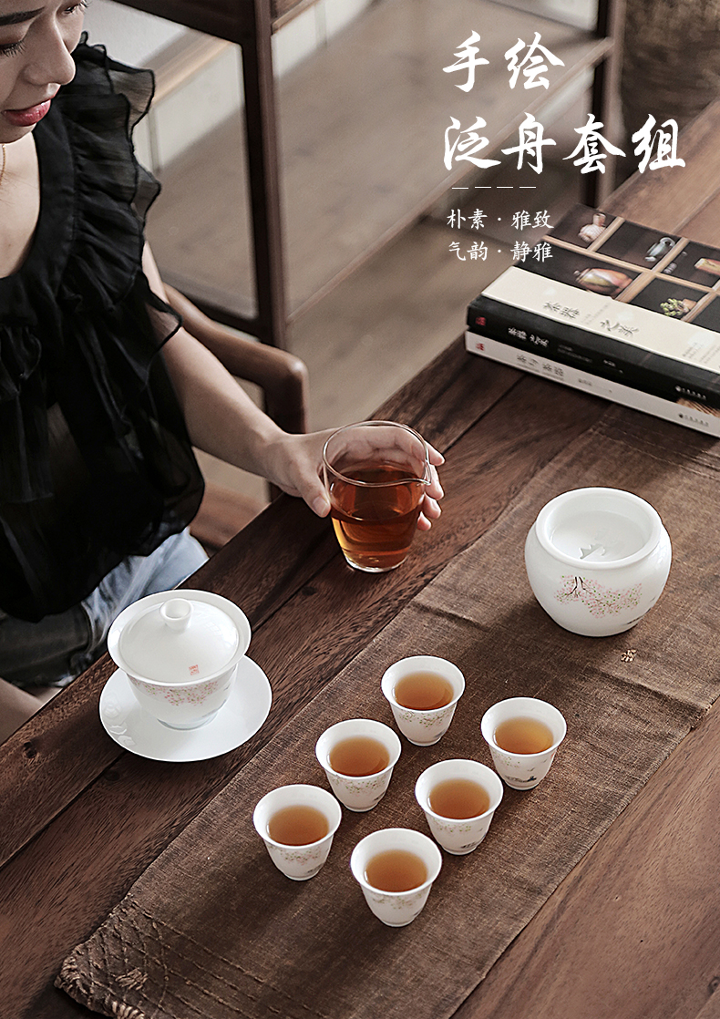By pure hand - made mud kung fu tea set jingdezhen thin foetus white porcelain tureen household whole set of tea cups