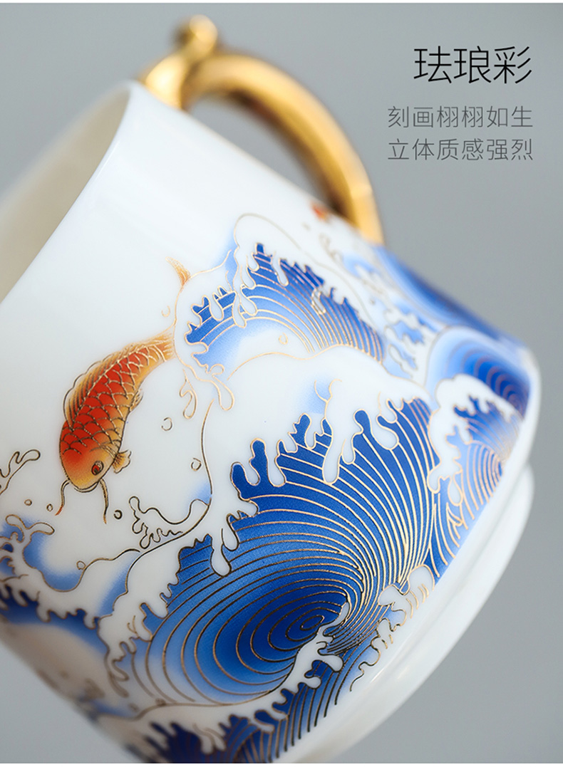 By mud China office cup of dehua white porcelain suet jade wind tide mark cup countries colored enamel paint make tea cup By hand