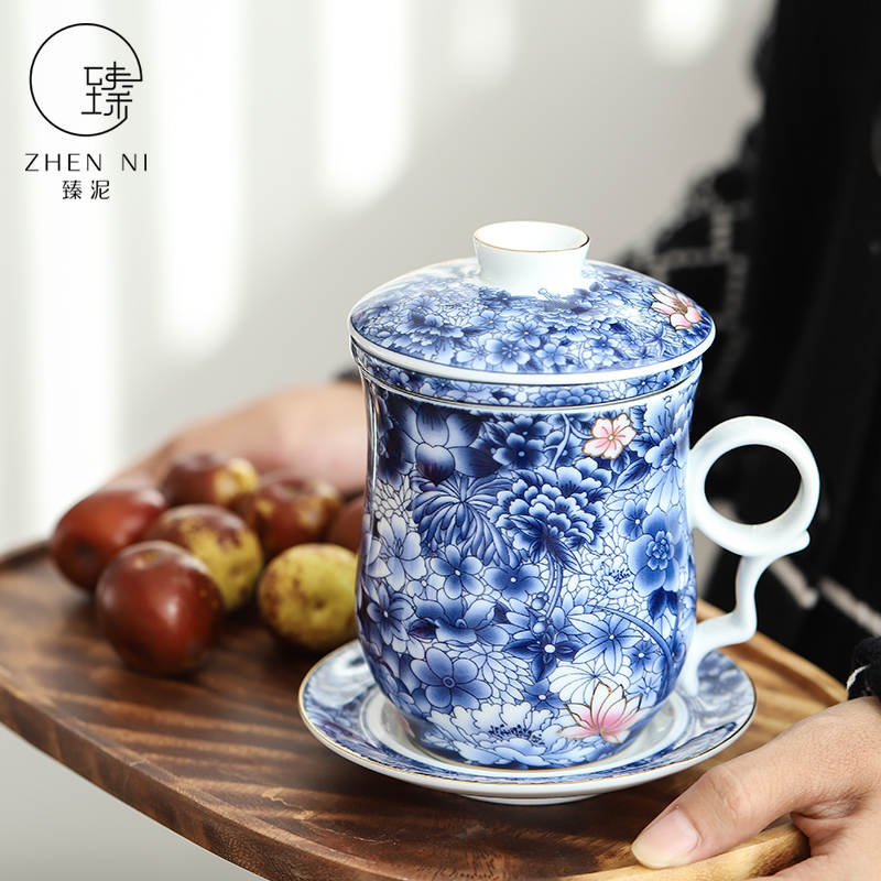 Colored enamel office by clay ceramic keller cup blue and white with cover manual filtering cup home tea ultimately responds cup