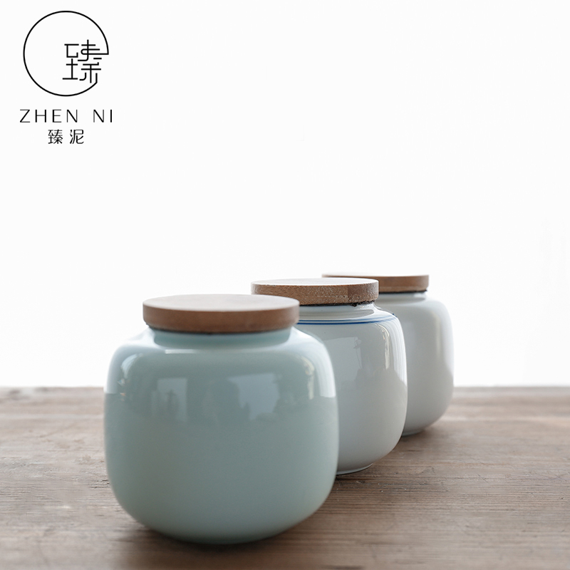 By mud jingdezhen ceramic seal pot of tea caddy fixings warehouse contracted circular storage jar shadow blue small wake tea