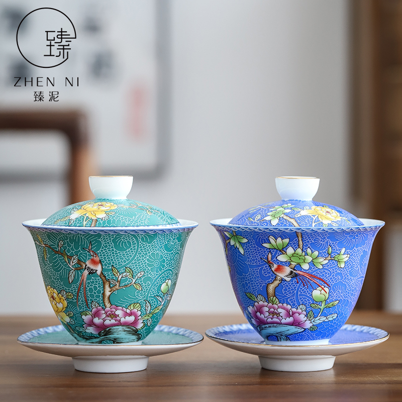 By mud jingdezhen tureen hand paint thin foetus enamel only three bowls of kung fu tea set domestic large bowl