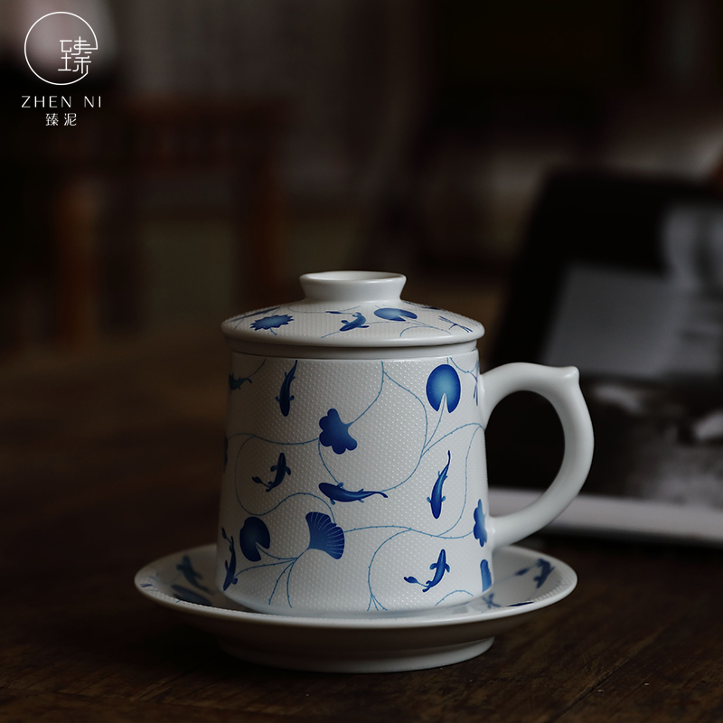 By mud office cup of jingdezhen blue and white porcelain teacup manual high - capacity mark cup with cover filter personal water bottle