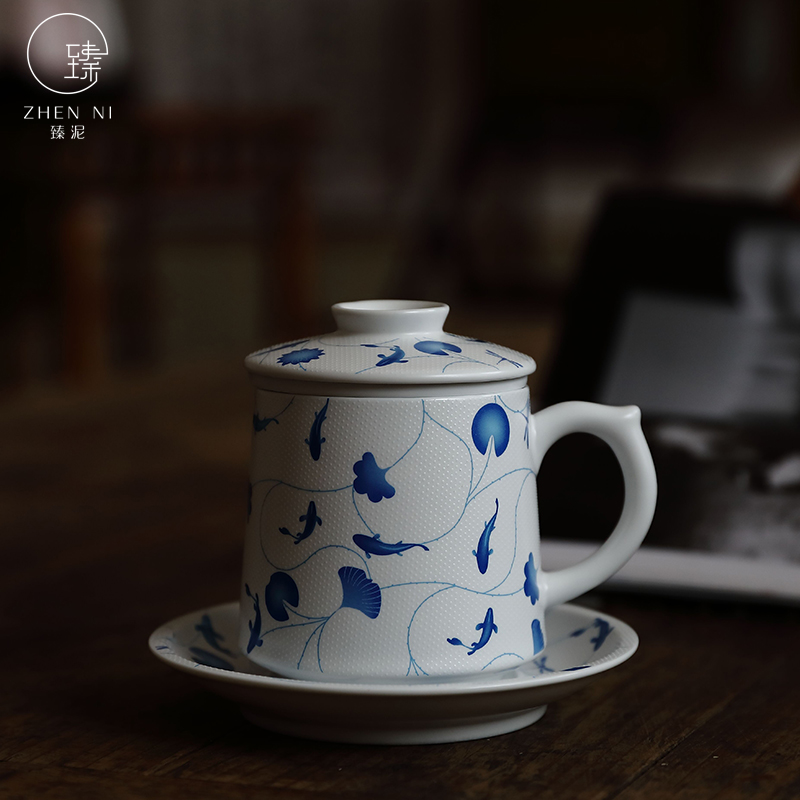 By mud office cup of jingdezhen blue and white porcelain teacup manual high - capacity mark cup with cover filter personal water bottle